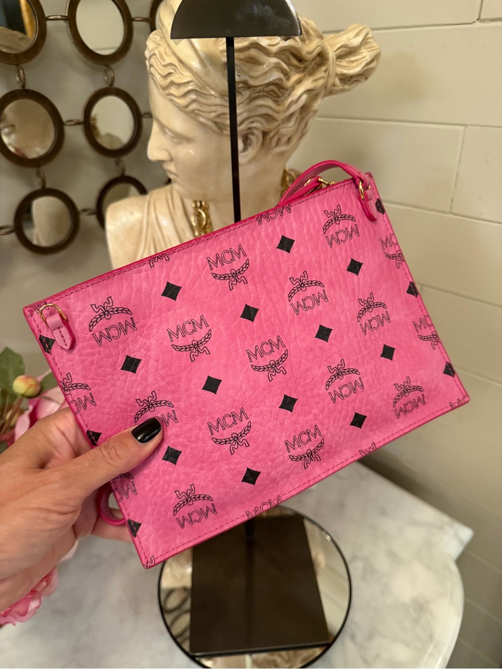 MCM Hot Pink Logo Zip Wristlet or Clutch or Shoulder Pouch like new